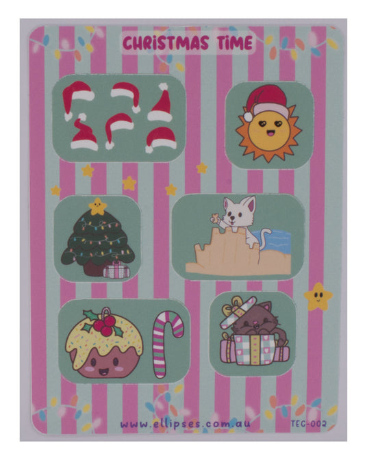 Christmas-themed sticker sheet with cartoon illustrations on a striped background