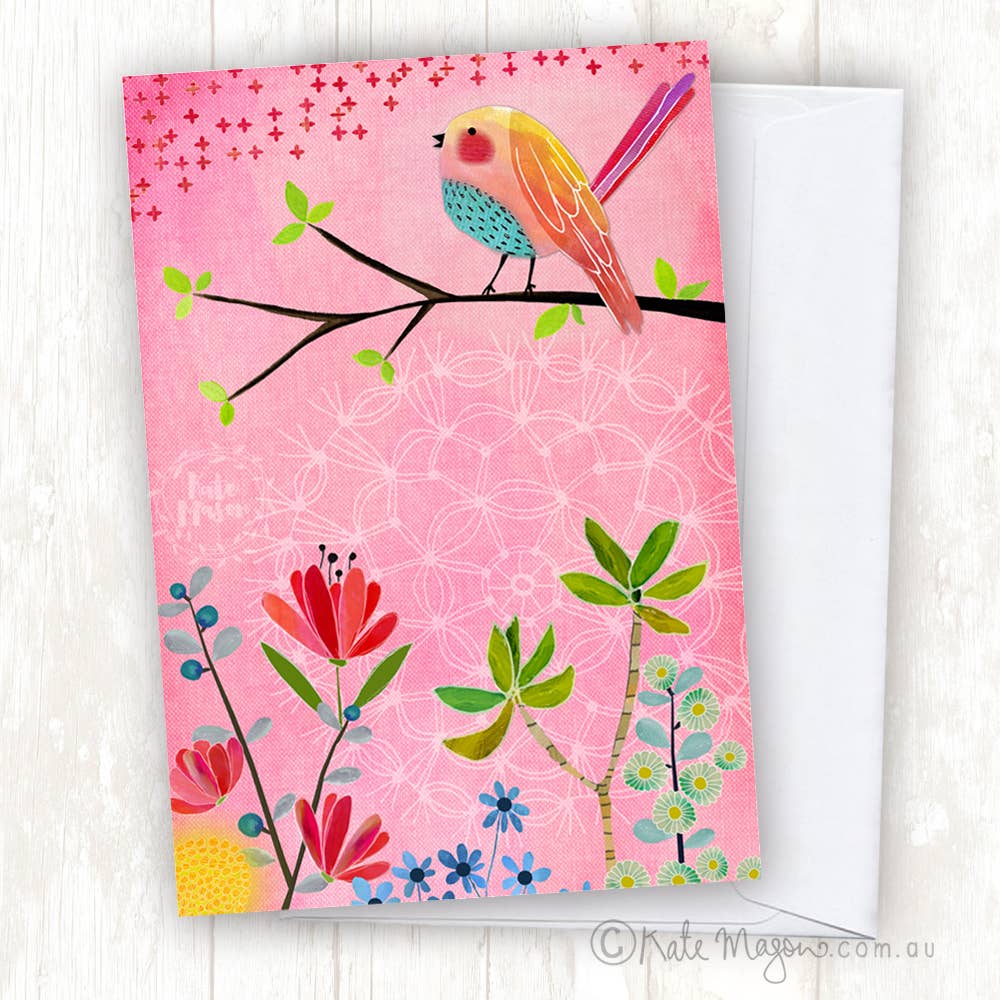 Greeting Card - Pink Bird Floral