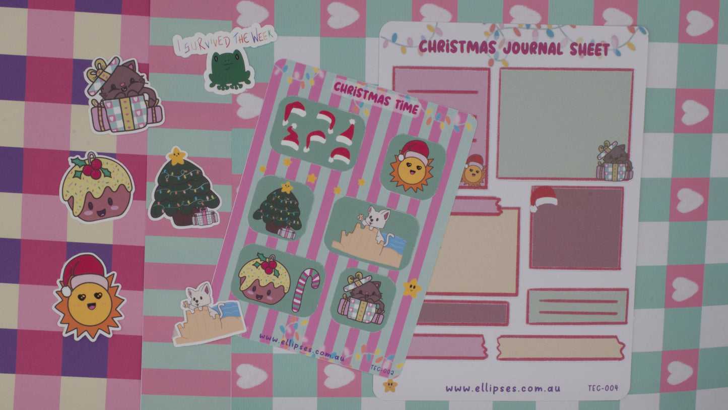 Christmas-themed journal set with decorative elements on a checkered background