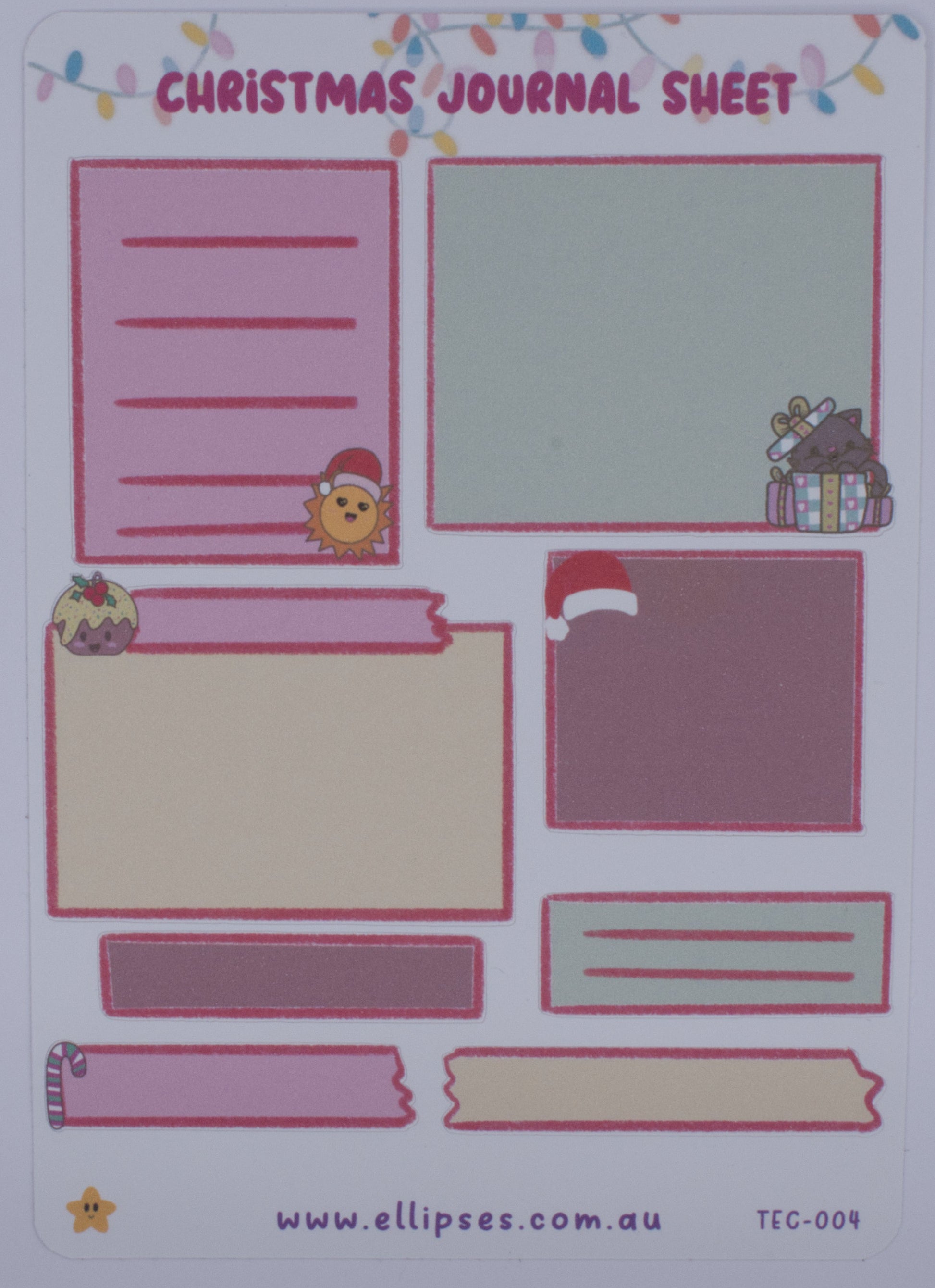 Christmas-themed journal sheet with various design elements on a white background