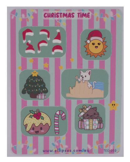 Christmas-themed sticker sheet with cartoon illustrations on a striped background