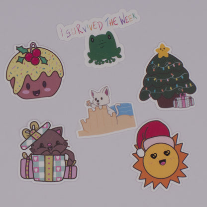 Set of colorful stickers with various designs on a white background